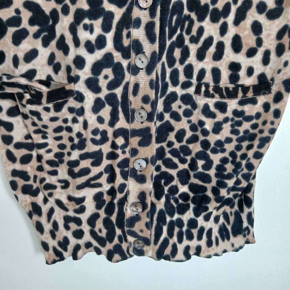 Leopard Print 100% Cotton V-Neck Abalone Button-Up Cardigan With Pockets Sz L - Picture 6 of 15